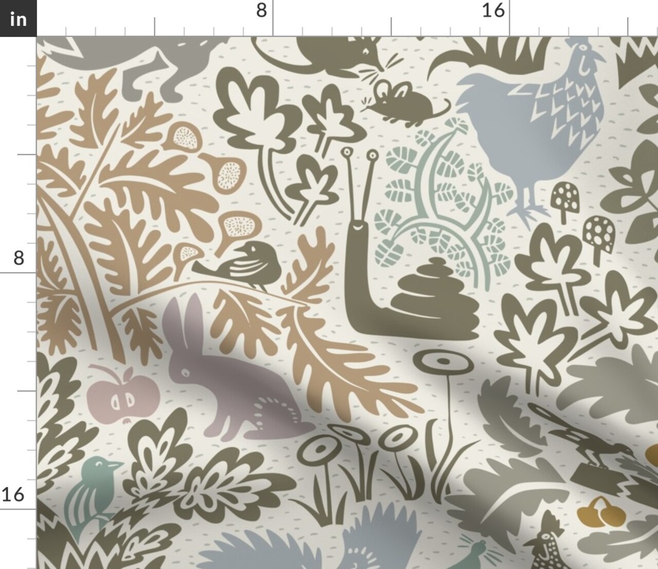 Animals Plants Scandinavian Block Print Rustic Nursery Folk Art Forest Nature Trees Fox Chicken Squirrel Rabbit Birds Fruit Flora Fauna Custom Printed Fabric by Spoonflower Various Fabrics by the Yard or Fat Quarter